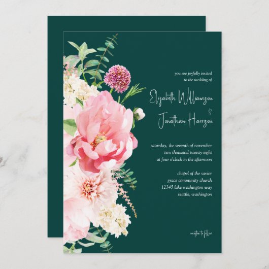 Invitation Emerald Blush Dark Moody Floral Script élégant (Devant / Derrière)