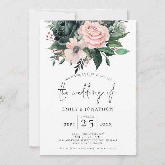 Invitation Emerald Blush Floral Photo Overlay QR Code Mariage (Devant)