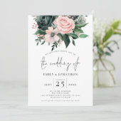 Invitation Emerald Blush Floral Photo Overlay QR Code Mariage (Debout devant)