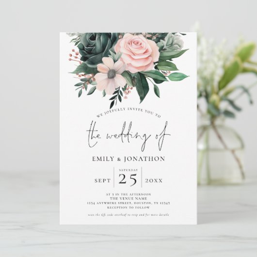 Invitation Emerald Blush Floral Photo Overlay QR Code Mariage (Debout devant)