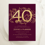 Invitation Emerald Bourgogne Gold Elegant 40e anniversaire<br><div class="desc">Elégante invitation à la fête du 40e anniversaire de marron bordeaux or. Design de vin marsala rouge foncé personnalisable avec accents botaniques rose et police de caractères typographiques. Carte invitation florale simple parfaite pour une célébration anniversaire élégante. Personnalisez avec vos propres détails. Invitations Zazzle imprimées ou téléchargement instantané modèle imprimable...</div>