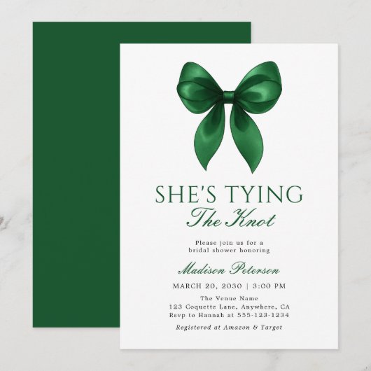 Invitation Emerald Bow Elle Noue le Nœud Réception de Mariage (Devant / Derrière)