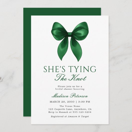 Invitation Emerald Bow She's Tying the Knot Bridal Shower (Devant / Derrière)