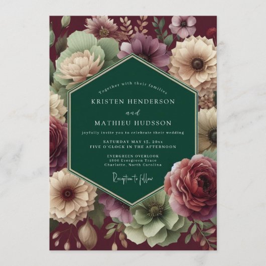 Invitation Emerald Burgundy Dramatic Bloom Wedding (Devant)