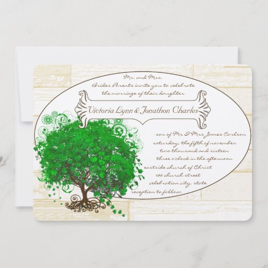 Invitation Emerald Coeur Feuille Arbre Grange Mariage en bois (Devant)