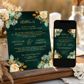 Invitation Emerald Cream Floral Gold QR Code Mariage musulman