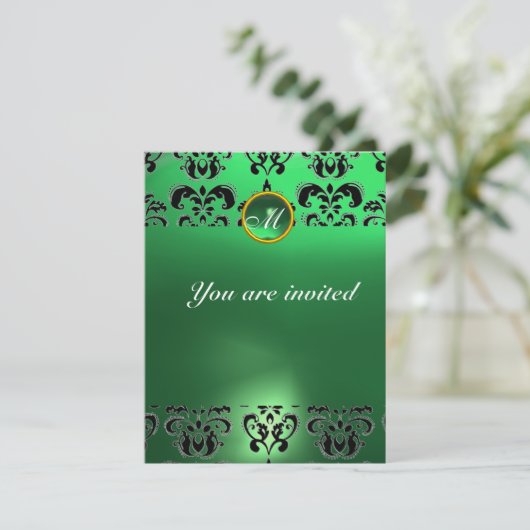 Invitation EMERALD DAMASK GEM PIERRE MONOGRAMME vert noir (Debout devant)