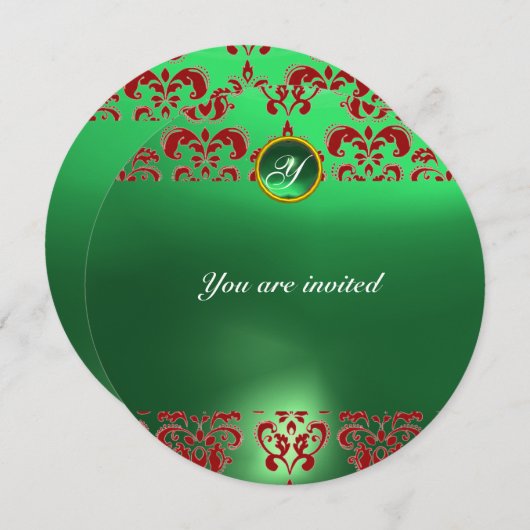 Invitation EMERALD DAMASK GEM PIERRE MONOGRAMME vert rouge (Devant / Derrière)