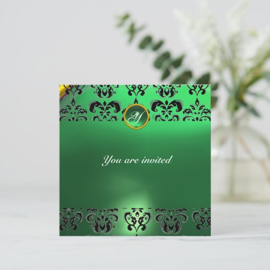 Invitation EMERALD DAMASK GEM STONE vert MONOGRAMME (Debout devant)