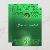 Invitation EMERALD DAMASK GEM STONE vert MONOGRAMME (Devant / Derrière)