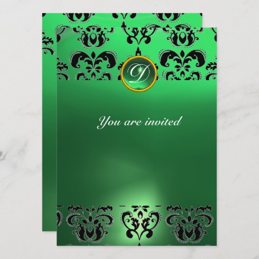 Invitation EMERALD DAMASK GEM STONE vert MONOGRAMME (Devant / Derrière)