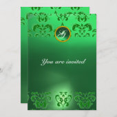 Invitation EMERALD DAMASSÉ MONOGRAMME PIERRE PRÉCIEUSE verte (Devant / Derrière)