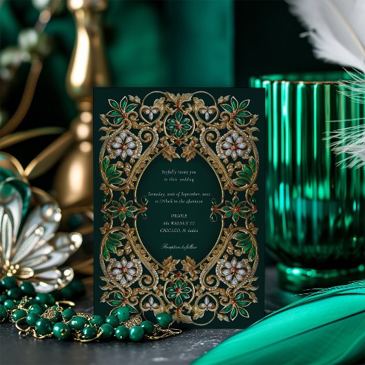 Invitation Emerald Elegance et Antique Gold Mariage