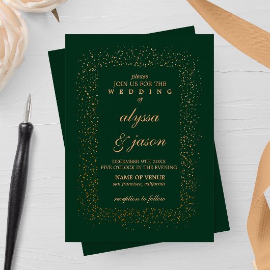 Invitation Emerald et bronze Confetti éclate Mariage