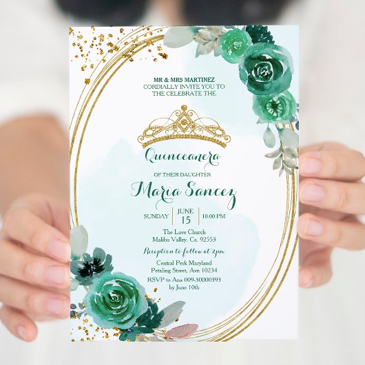 Invitation Emerald et Hunter Green Roses Quinceanera