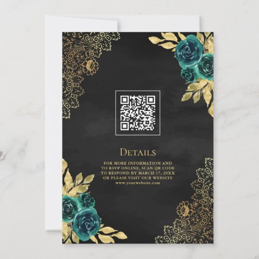 Invitation Emerald Floral dentelle noir QR Code Mariage musul (Dos)