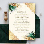 Invitation Emerald Floral Gold Lace Cream Mariage musulman<br><div class="desc">Éblouissez vos invités avec cette élégante invitation de mariage islamique avec de belles fleurs vert émeraude et dentelle complexe avec typographie moderne. Ajoutez simplement les détails de votre événement sur ce modèle facile à utiliser pour en faire une invitation unique.</div>