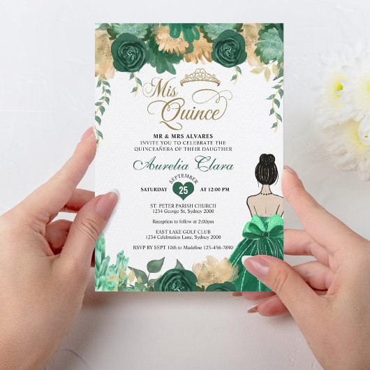Invitation Emerald Floral Princess Mis Quince Quinceañera