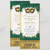 Invitation Emerald Floral Quinceañera Masquerade VIP Ticket (Devant / Derrière)