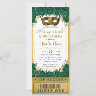 Invitation Emerald Floral Quinceañera Masquerade VIP Ticket