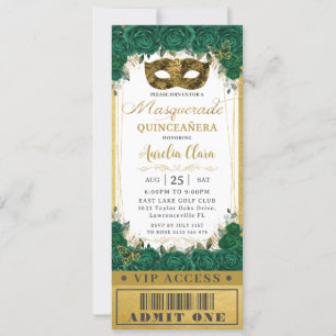 Invitation Emerald Floral Quinceañera Masquerade VIP Ticket