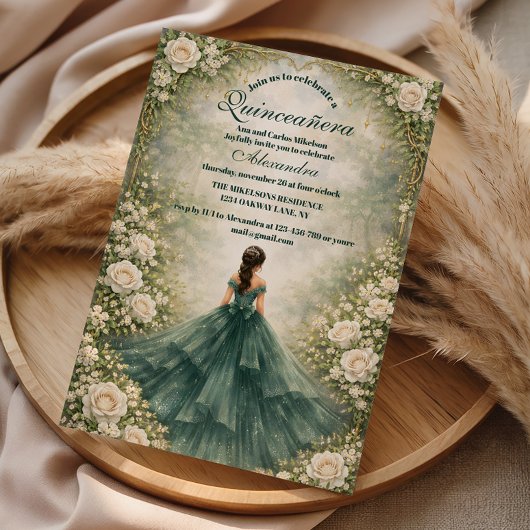Invitation Emerald Garden Rose Quinceañera