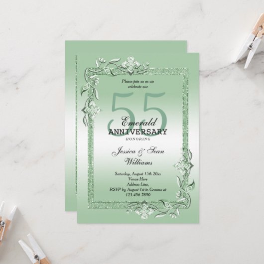 Invitation Emerald Gem & Glitter 55e Anniversaire de mariage (Devant/Arrière en situation)