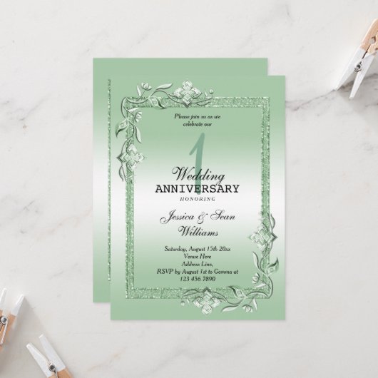 Invitation Emerald Gem & Parties scintillant 1er Mariage (Devant/Arrière en situation)