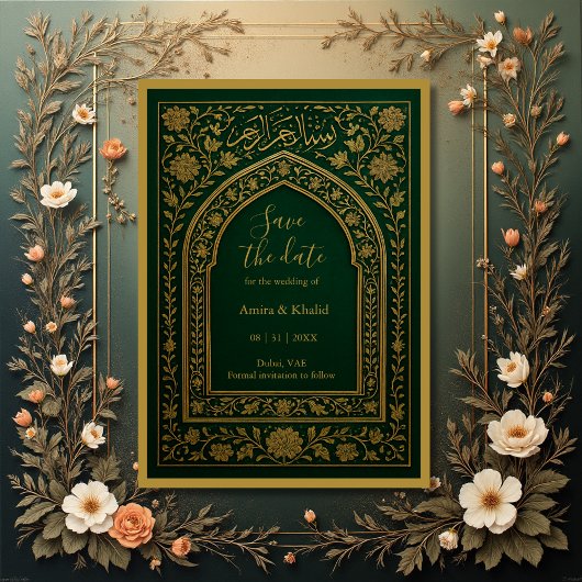 Invitation Emerald Gold Arche arabe Mariage enregistrer la da