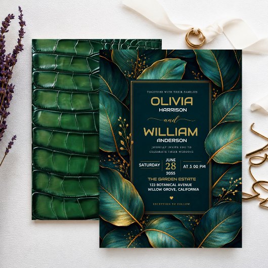 Invitation Emerald Gold Botanical Luxury Green Leaf 