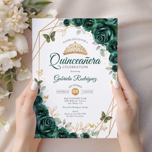 Invitation Emerald Gold Floral Quinceanera