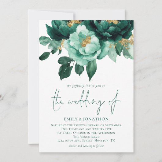 Invitation Emerald Gold Florals Photo QR Code Mariage (Devant)