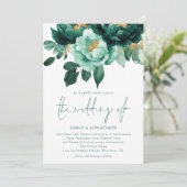 Invitation Emerald Gold Florals Photo QR Code Mariage (Debout devant)