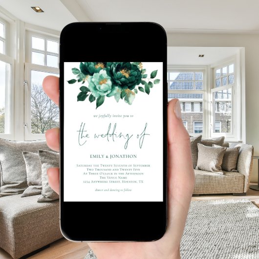 Invitation Emerald Gold Flowers Photo QR Code Mariage