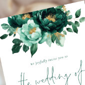Invitation Emerald Gold Flowers Photo QR Code Mariage