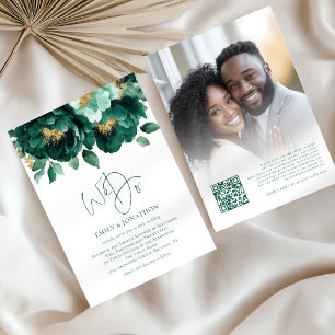 Invitation Emerald Gold Flowers Photo QR Code Mariage