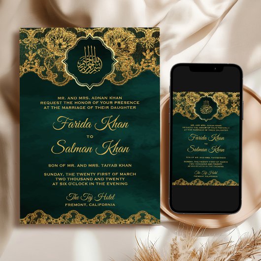 Invitation Emerald Gold Foil Lace Mariage musulman islamique