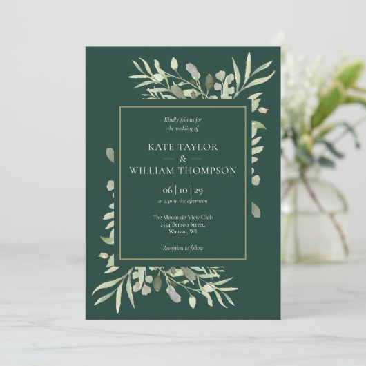 Invitation Emerald Gold Green Foliage Mariage (Debout devant)