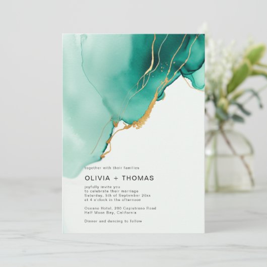 Invitation Emerald Gold Ocean Waves Beach Wedding (Debout devant)