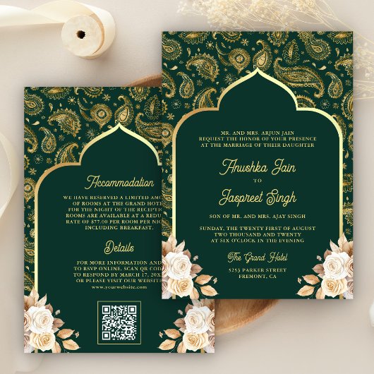 Invitation Emerald Gold Paisley Floral QR Code Mariage indien