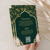 Invitation Emerald Gold Paisley Floral QR Code Mariage indien