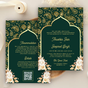 Invitation Emerald Gold Paisley Floral QR Code Mariage indien