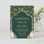 Invitation Emerald Gold Paisley Floral QR Code Mariage indien (Debout devant)
