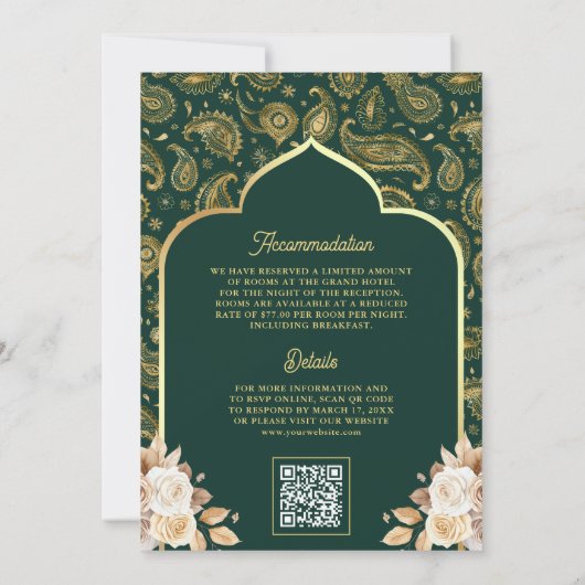 Invitation Emerald Gold Paisley Floral QR Code Mariage indien (Dos)
