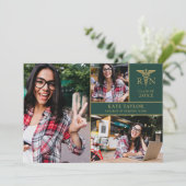 Invitation Emerald Gold RN Nursing 3 Photo Graduation Party (Debout devant)