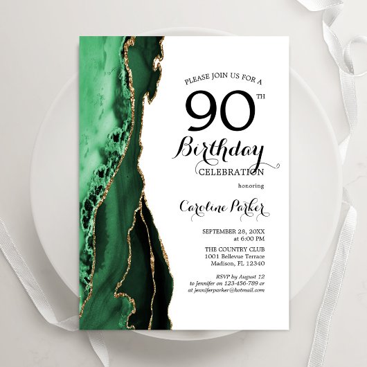 Invitation Emerald Green Agate Or Blanc 90e anniversaire