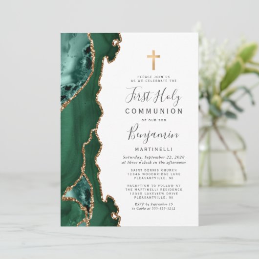 Invitation Emerald Green Agate Or Première Communion sainte (Debout devant)