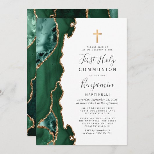 Invitation Emerald Green Agate Or Première Communion sainte (Devant / Derrière)