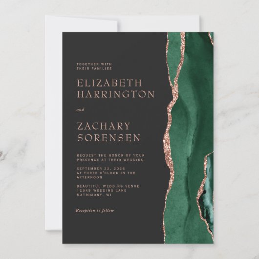 Invitation Emerald Green Agate Rose Gold QR Code Mariage (Devant)