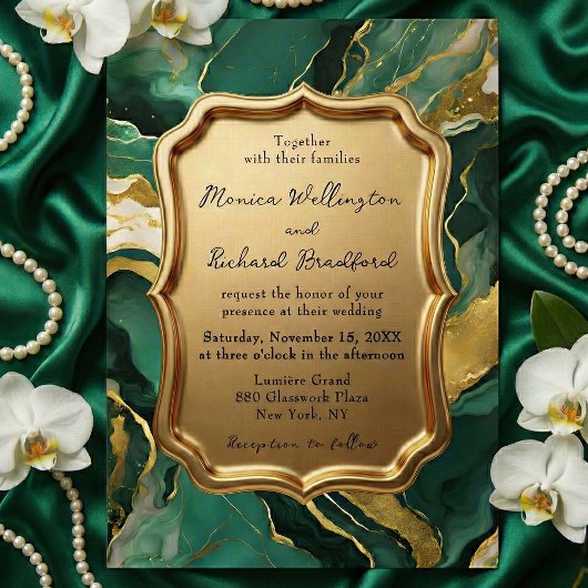 Invitation Emerald Green and Gold Agate Marble Luxury Wedding